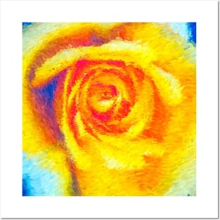 Yellow Rose On Blue Background Posters and Art